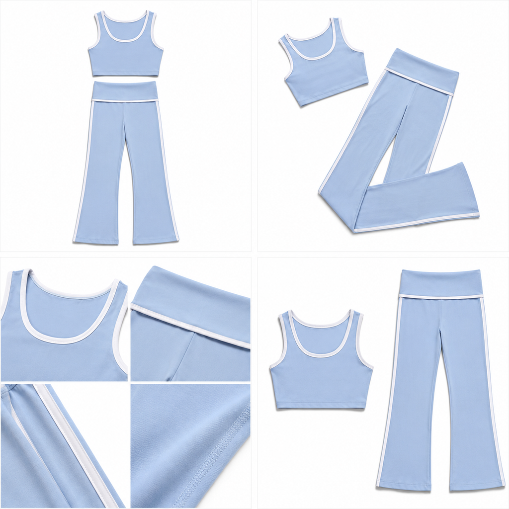 Contrast Trim Flare Yoga Set - Baby Blue front