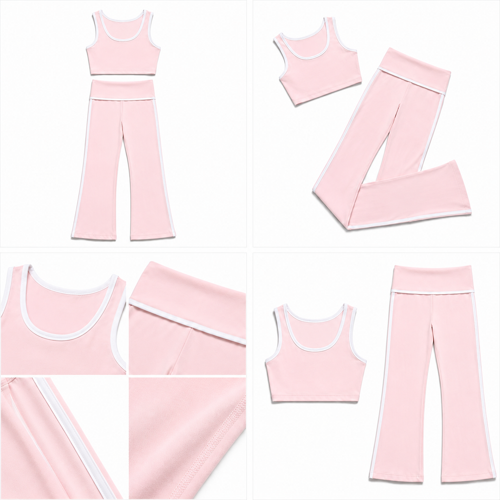 Contrast Trim Flare Yoga Set - Baby Pink front