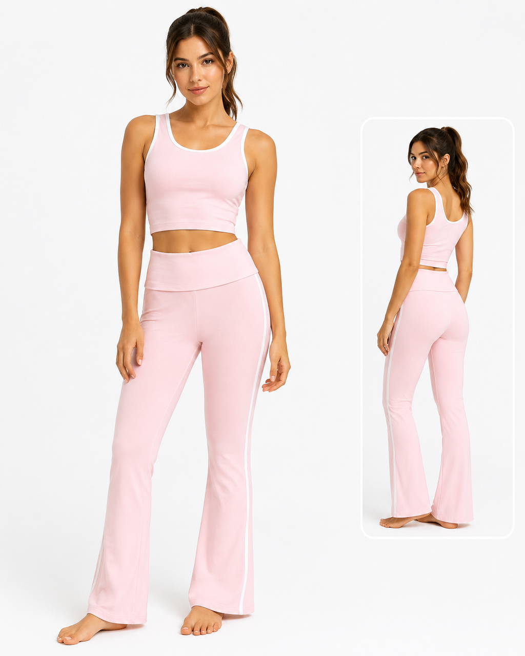 Contrast Trim Flare Yoga Set - Baby Pink detail