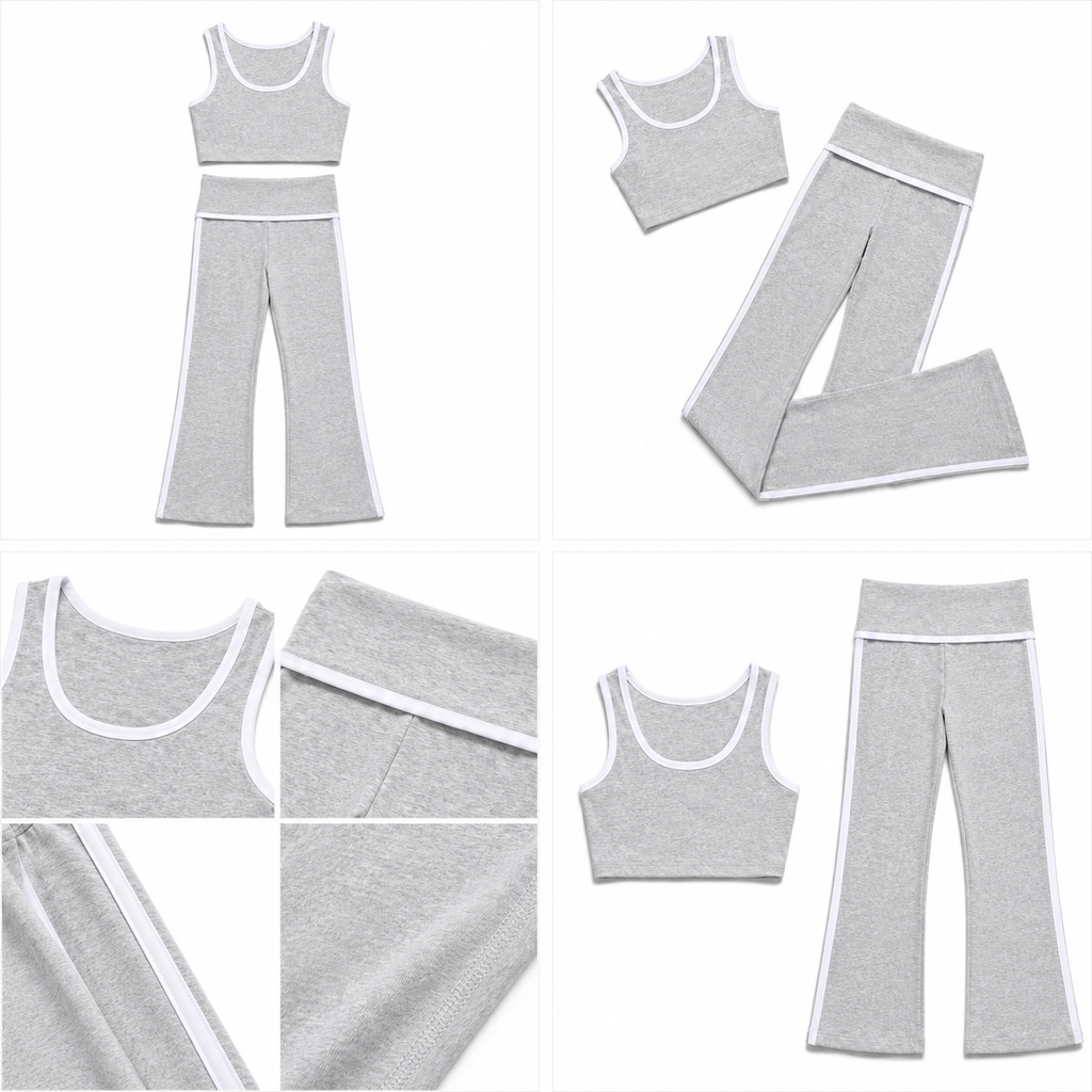 Contrast Trim Flare Yoga Set - Heather Grey front