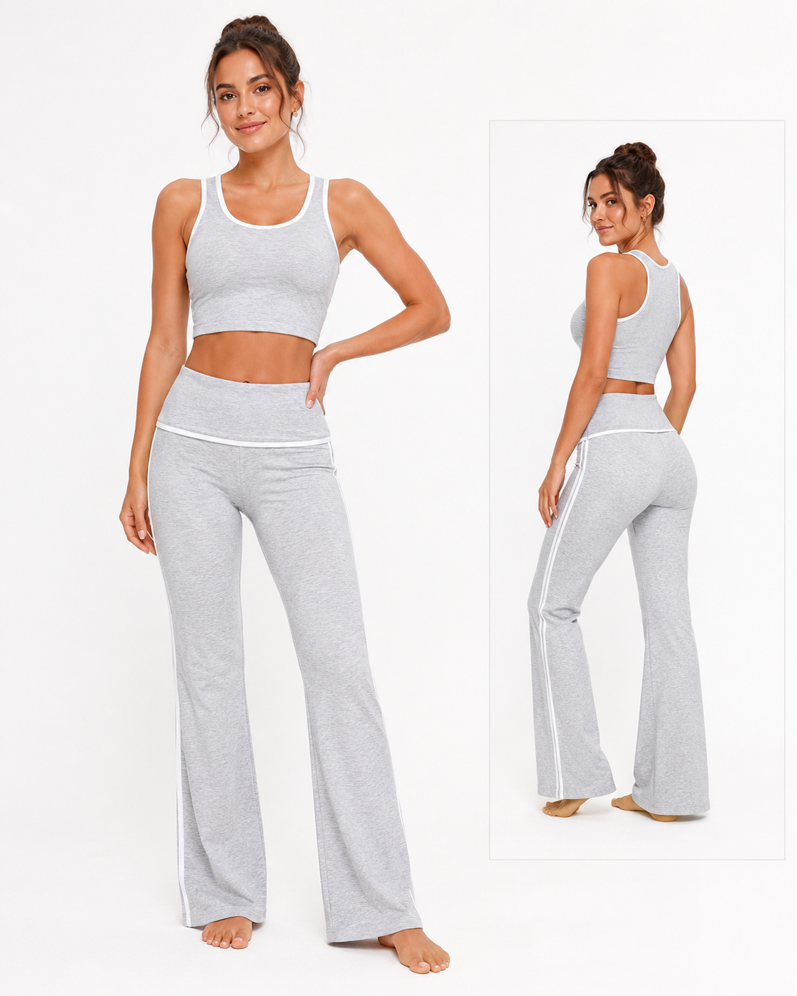 Contrast Trim Flare Yoga Set - Heather Grey detail