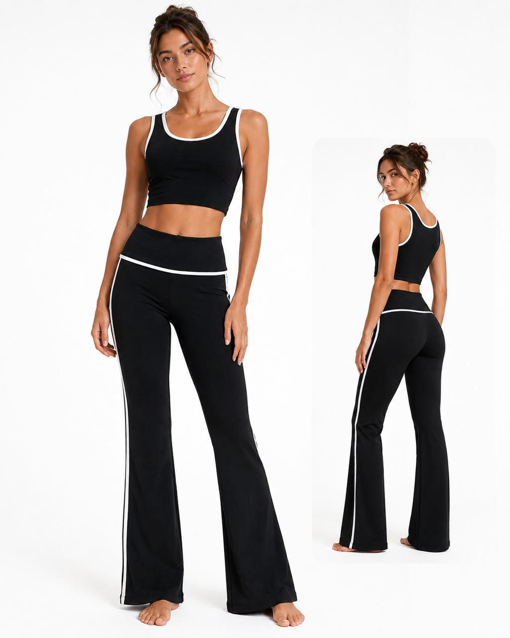 Contrast Trim Flare Yoga Set - Black detail
