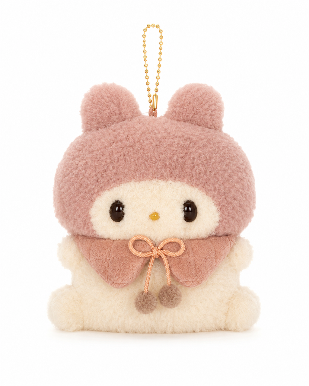 Creamy Pink Bear Hood Plush Keychain Charm front view