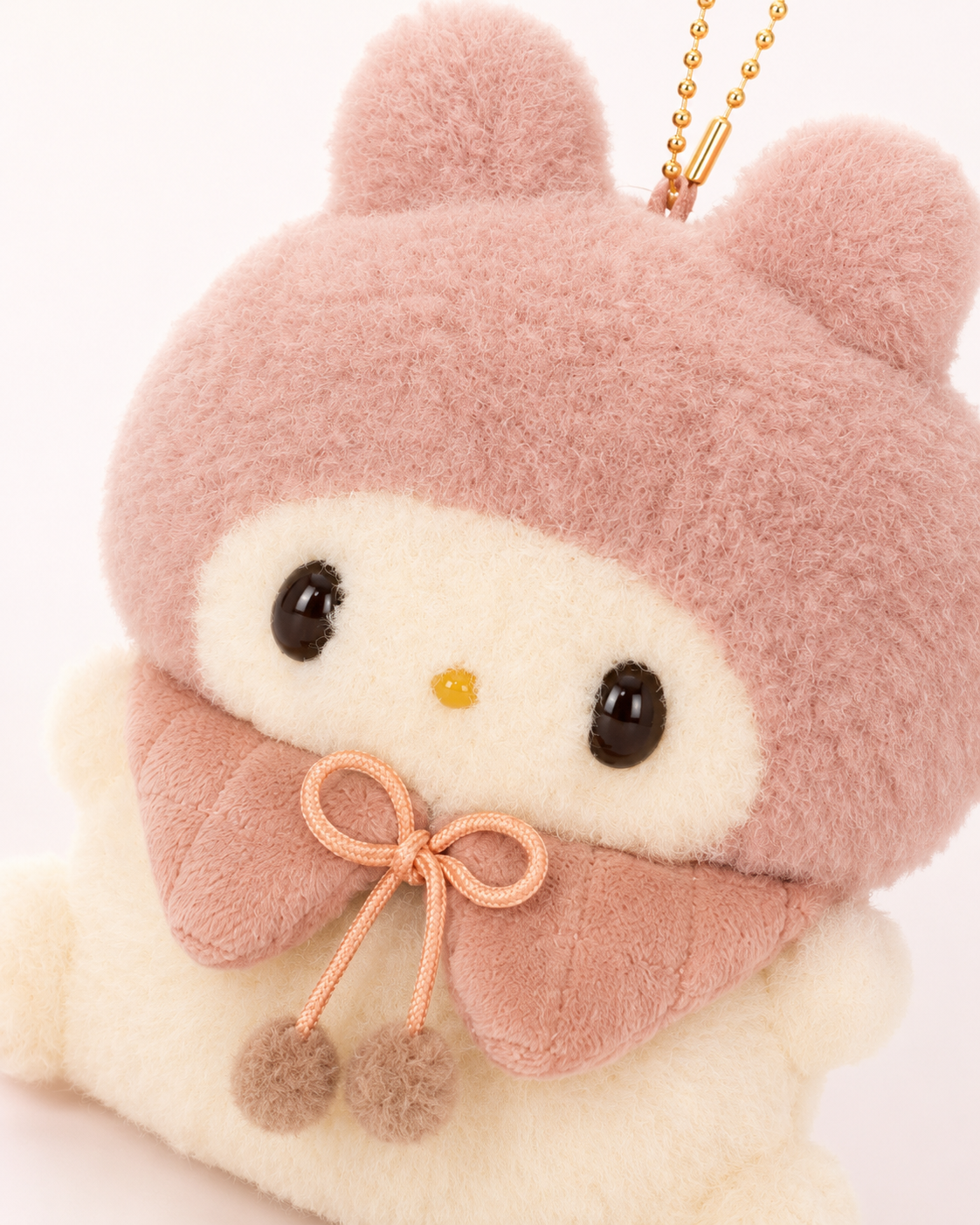Creamy Pink Bear Hood Plush Keychain Charm styled view