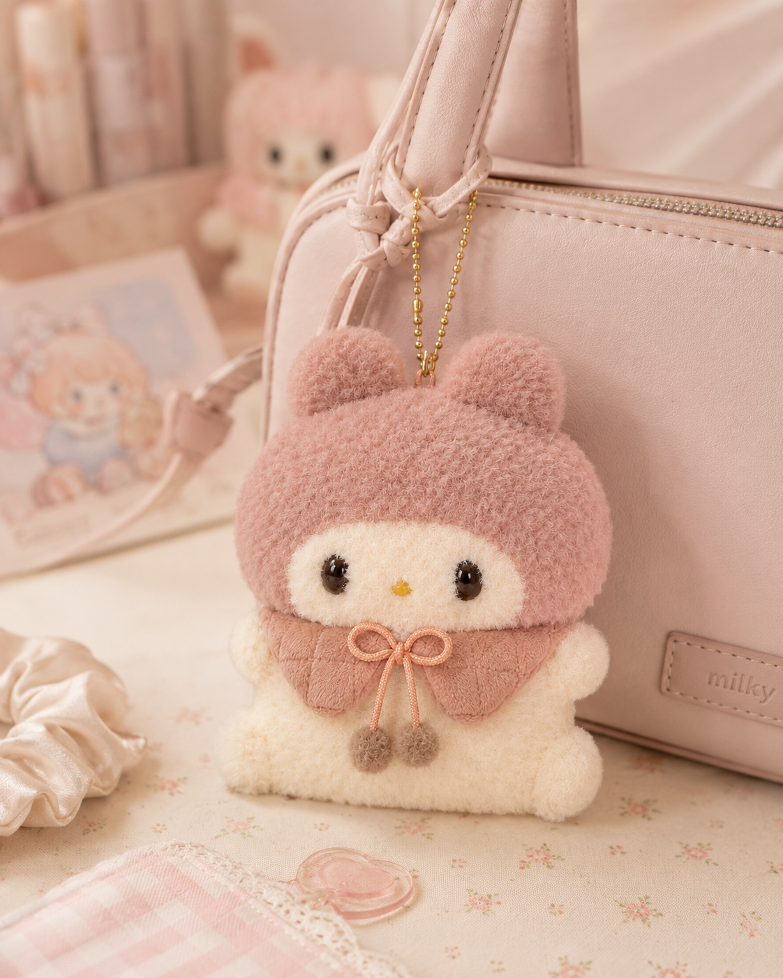 Creamy Pink Bear Hood Plush Keychain Charm product view