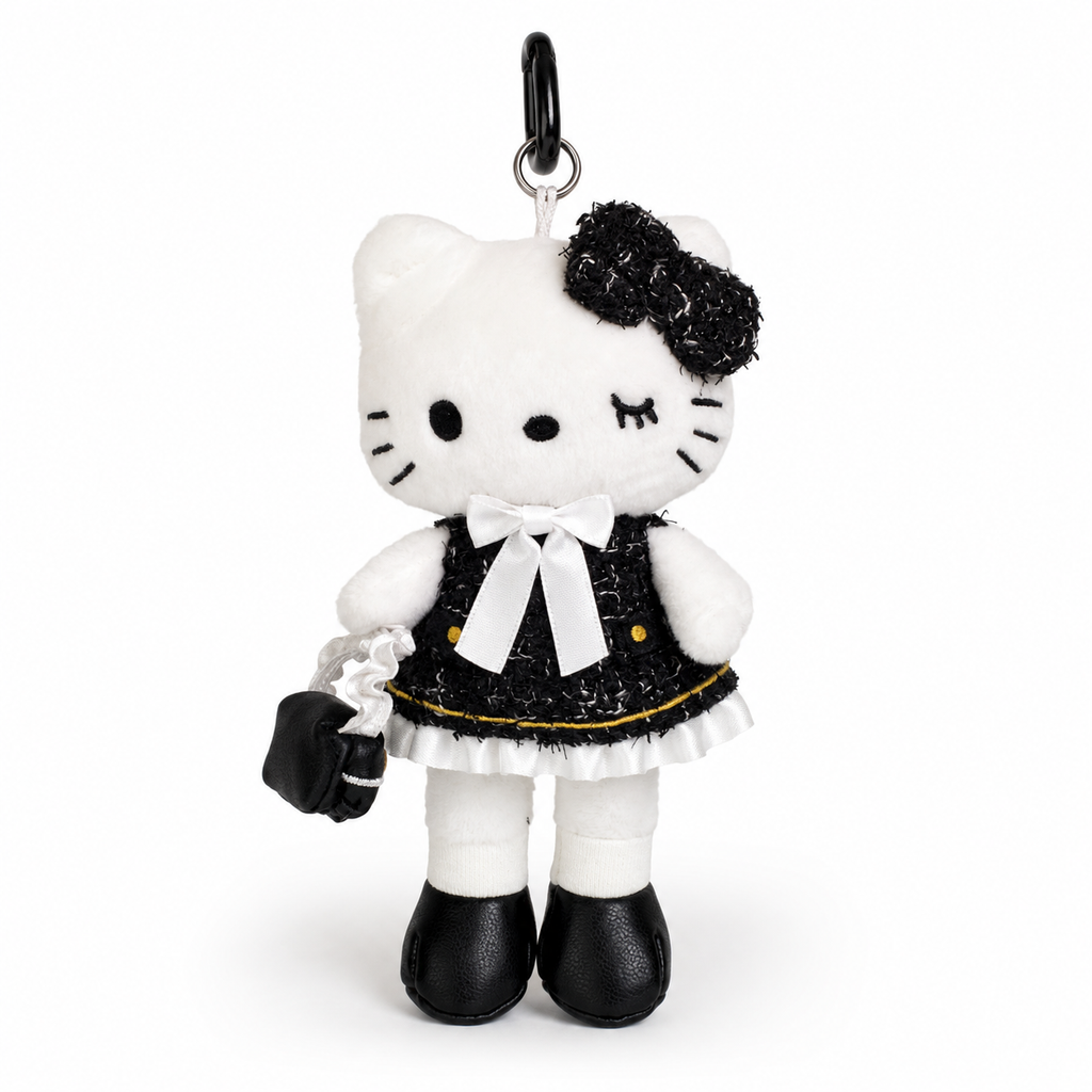 Black Tweed Cat Plush Keychain Bag Charm front view