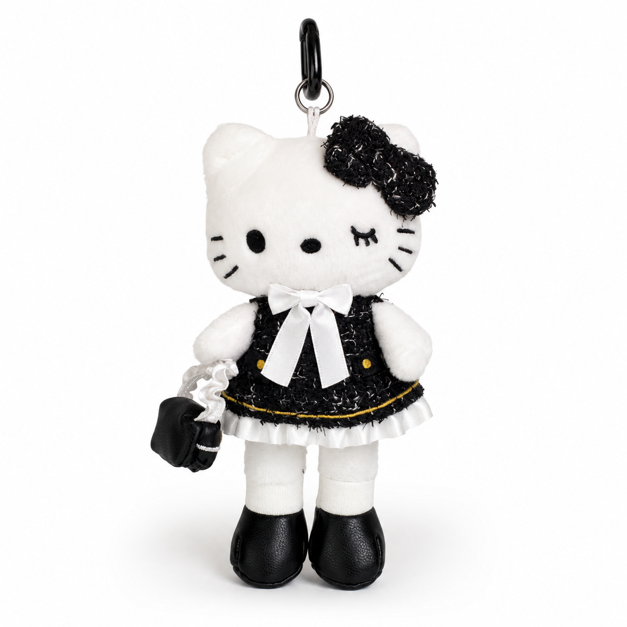 Black Tweed Cat Plush Keychain Bag Charm front view