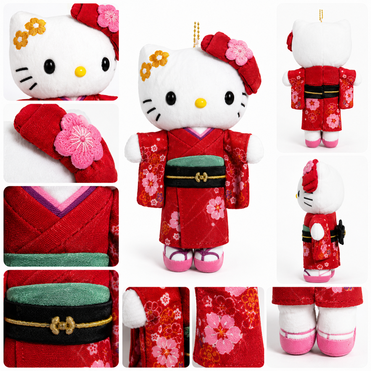 Hello Kitty 50th Anniversary Long-Leg Kimono Plush Keychain detail collage