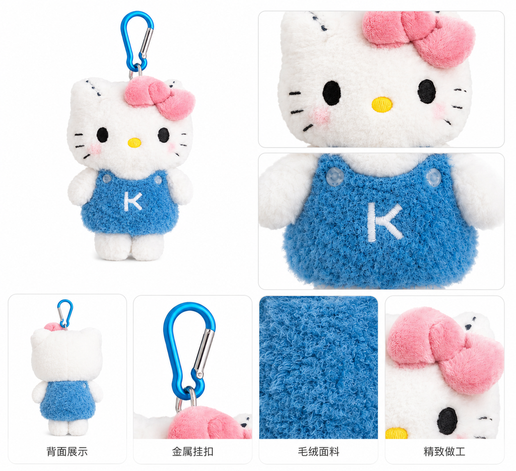 Sanrio Hello Kitty Blue Overall Plush Keychain Charm detail collage