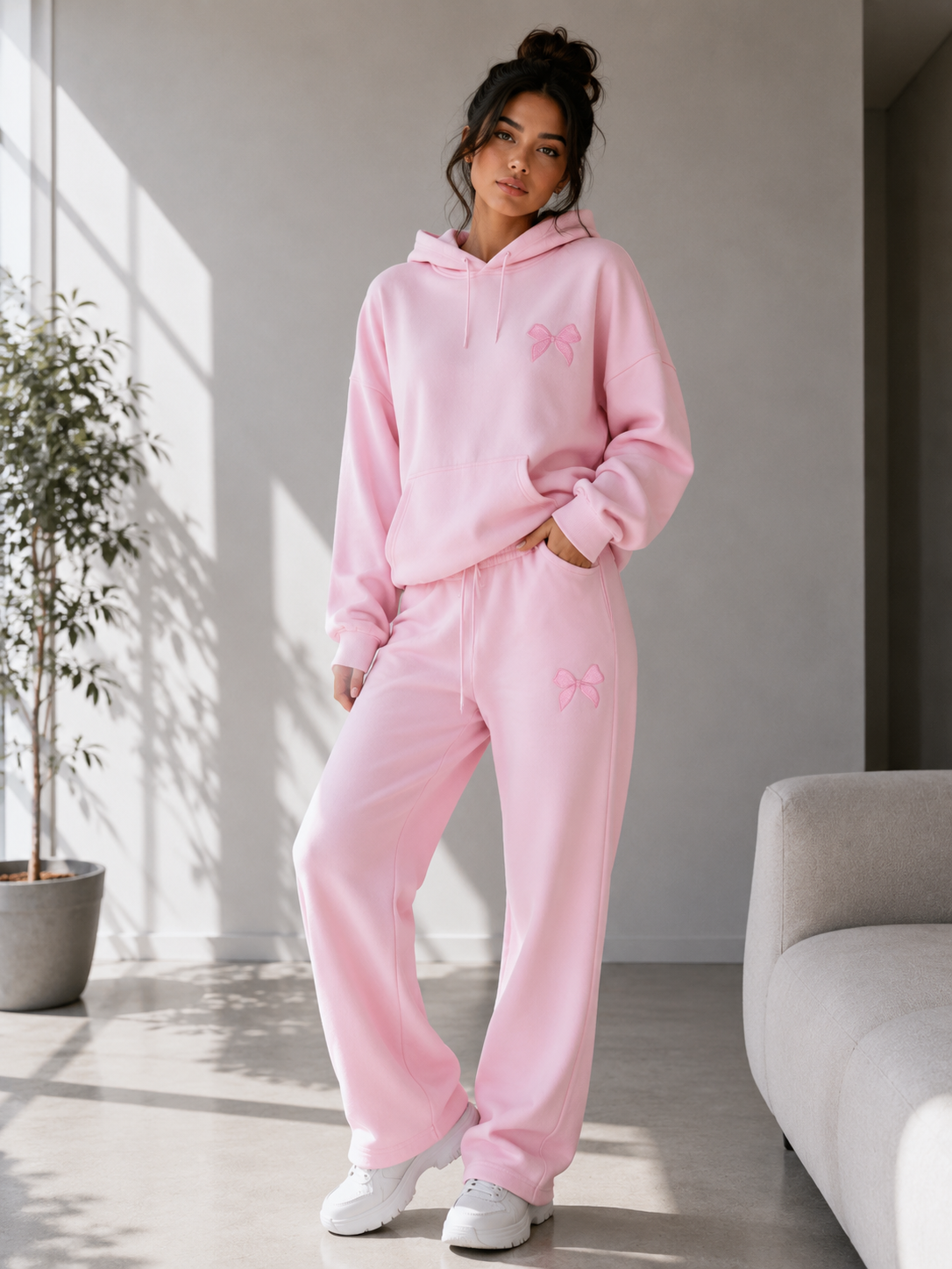 Blush Bow Wide-Leg Sweatpants full set