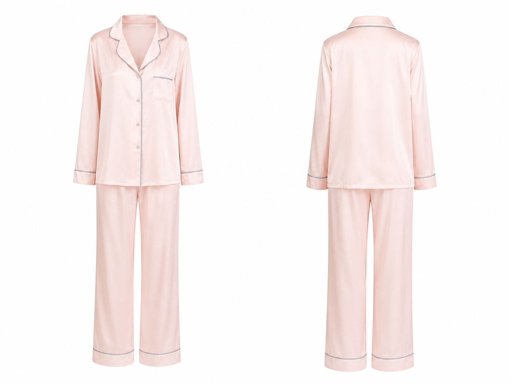 Blush Pink Satin Long Sleeve Pajama Set front and back product view