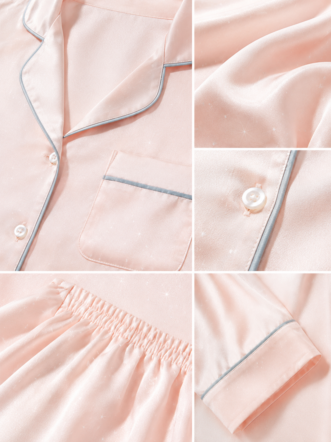 Blush Pink Satin Long Sleeve Pajama Set side and fabric detail