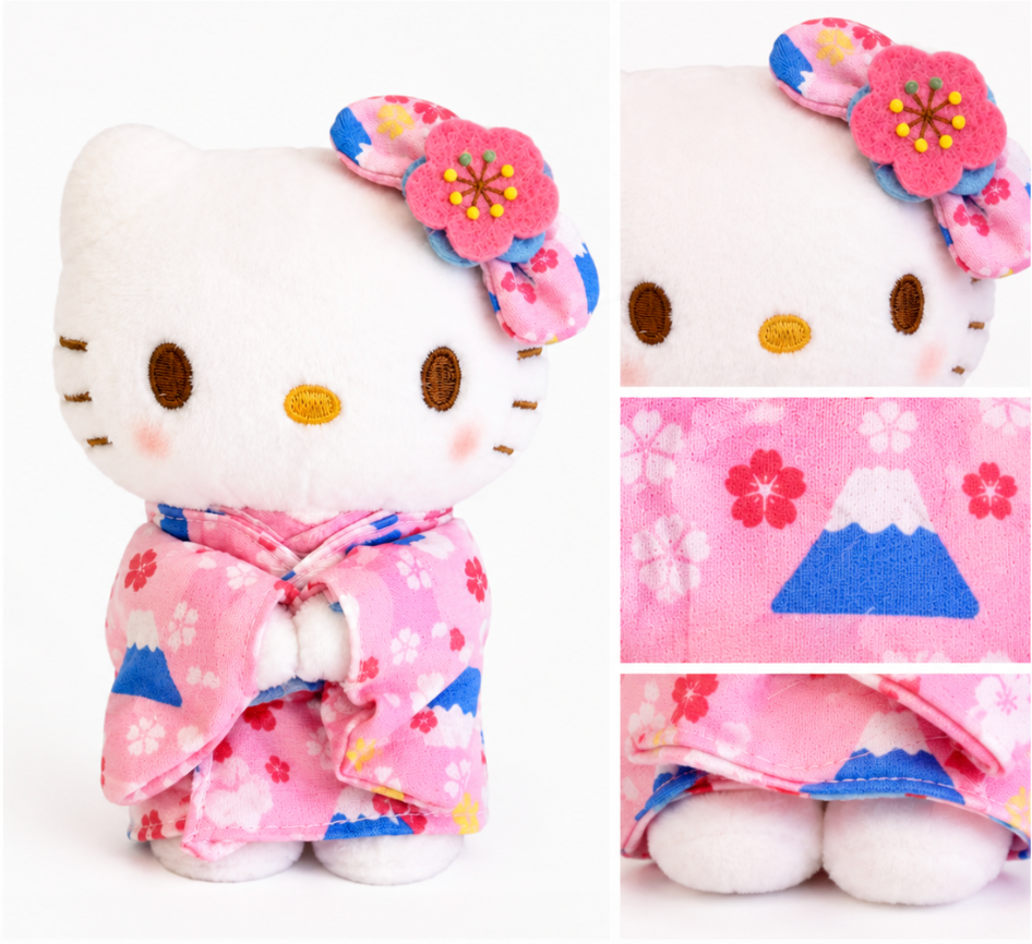 Sanrio Hello Kitty Sakura Kimono Plush Keychain detail collage