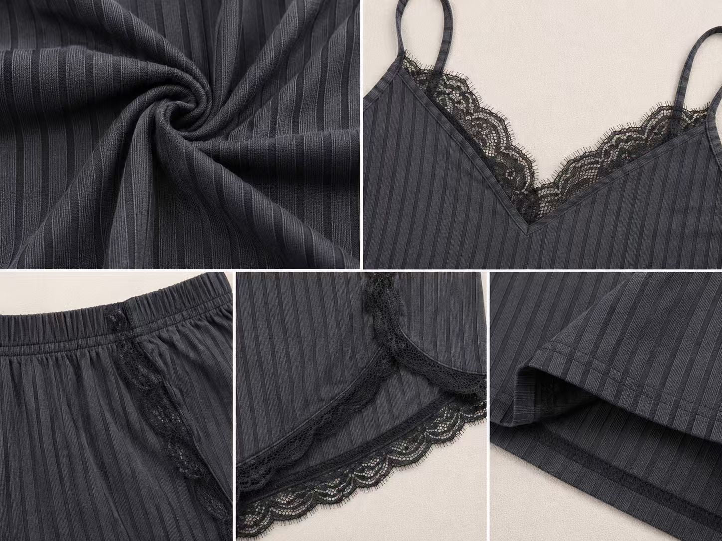 Classic black ribbed lounge set fabric detail