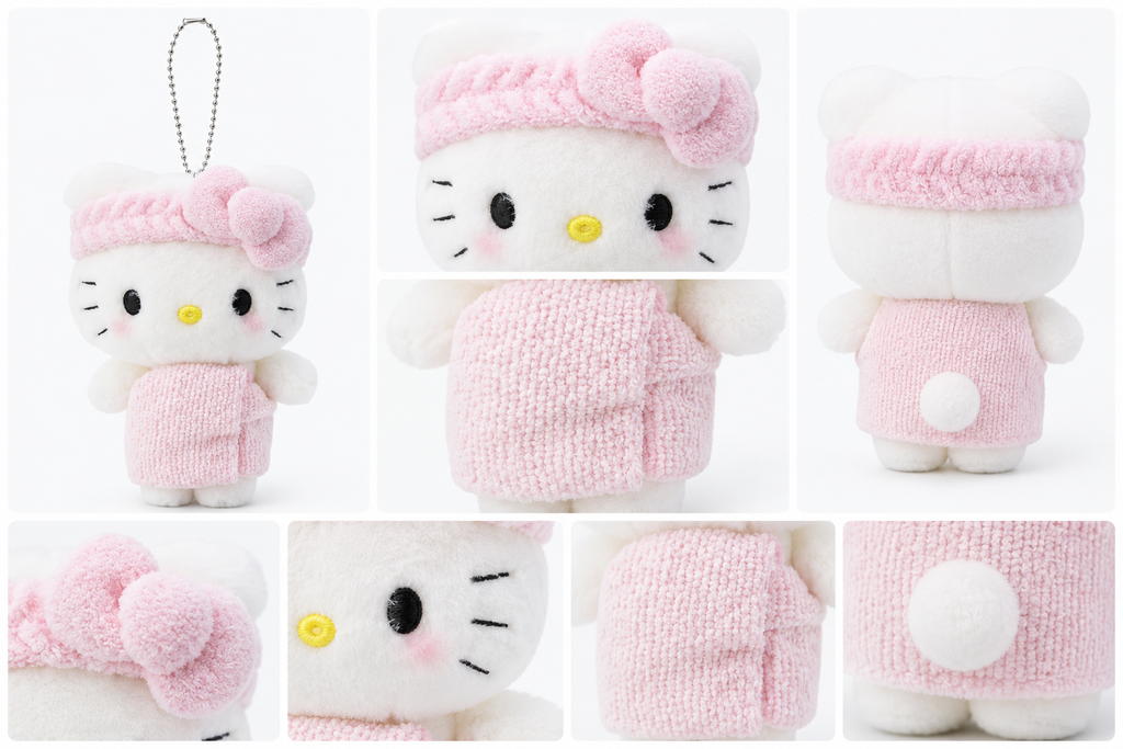 Sanrio Hello Kitty Cozy Winter Plush Keychain detail collage