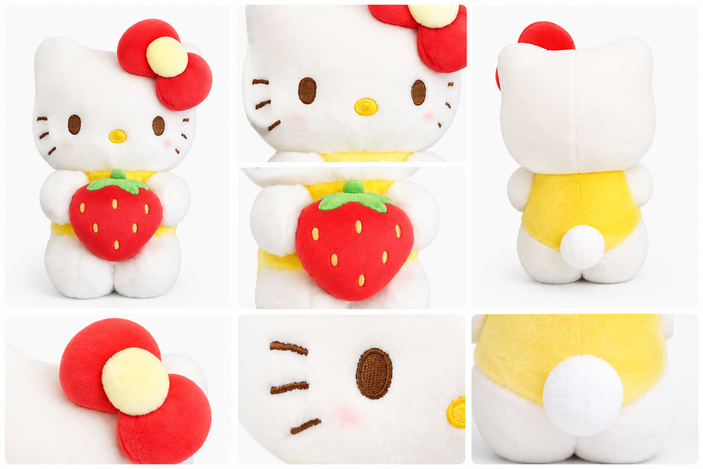 Sanrio Hello Kitty Strawberry Plush Keychain detail collage