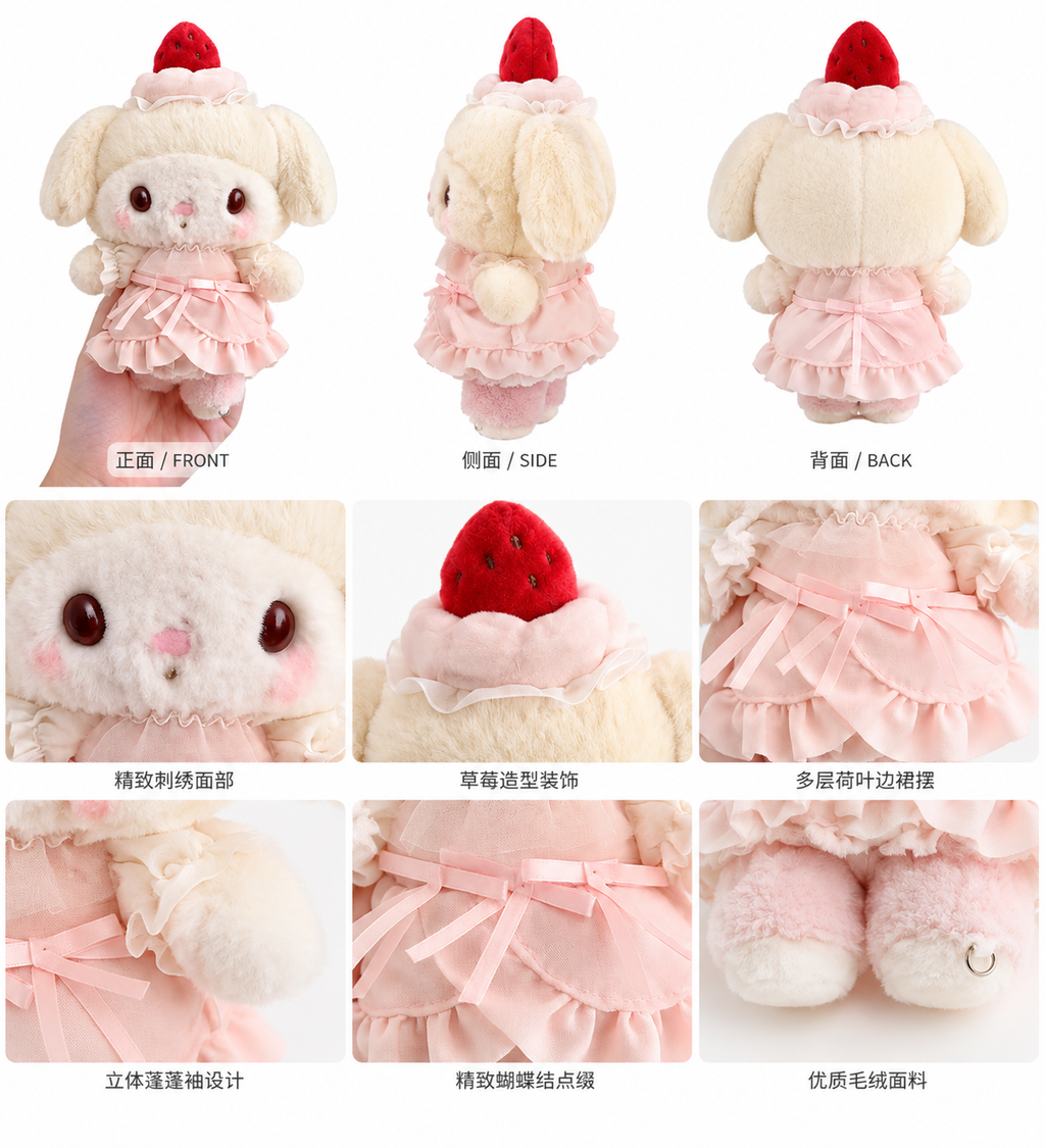 Sanrio Melody Strawberry Dessert Plush Keychain detail collage