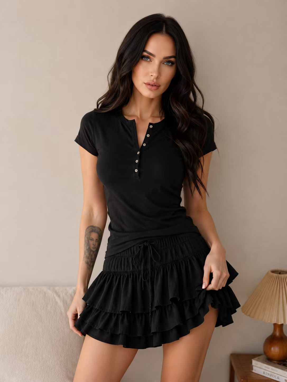 Sweet Breeze Tiered Ruffle Mini Skort in black