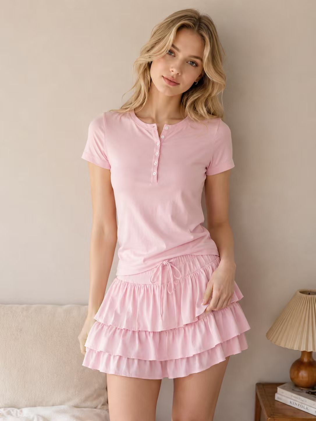 Pink top and blush ruffle skort outfit styling
