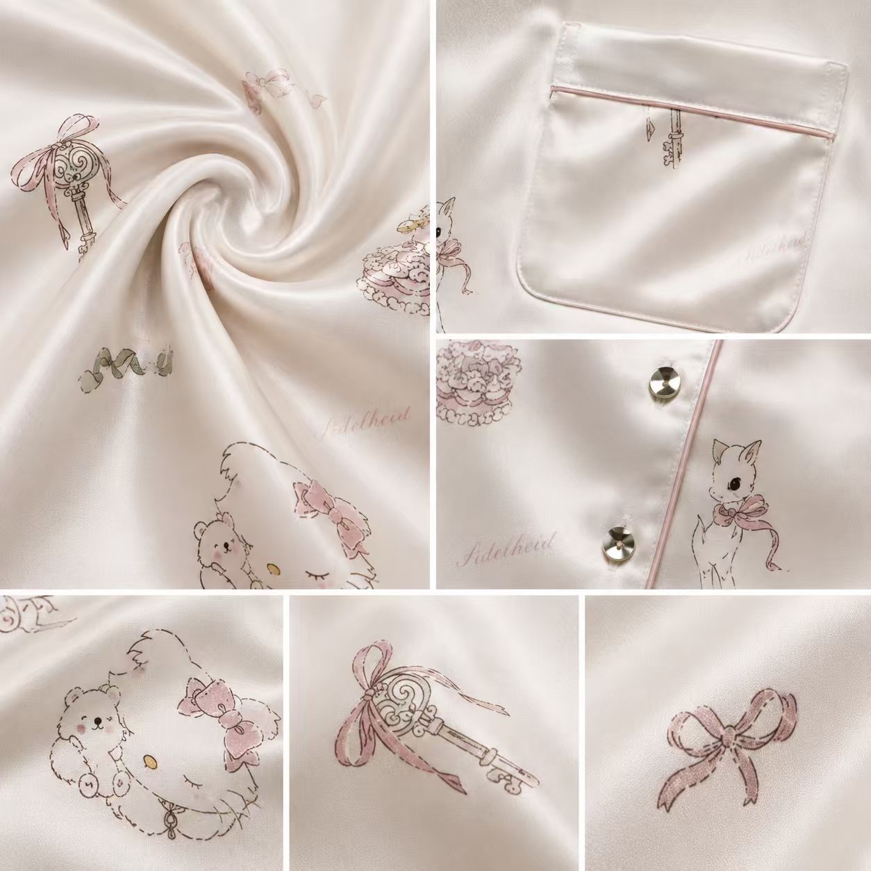 Sweet Kitty Dreams Satin Pajama Set side and fabric detail